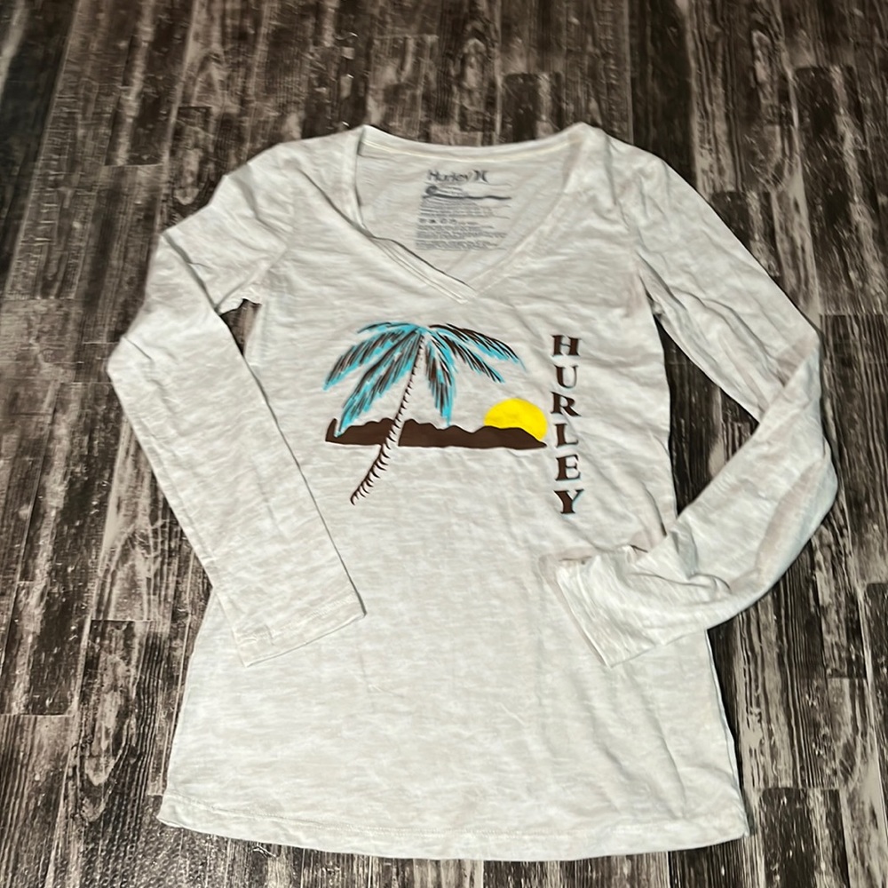 Hurley White Long Sleeve Tee with Tropical Graphic